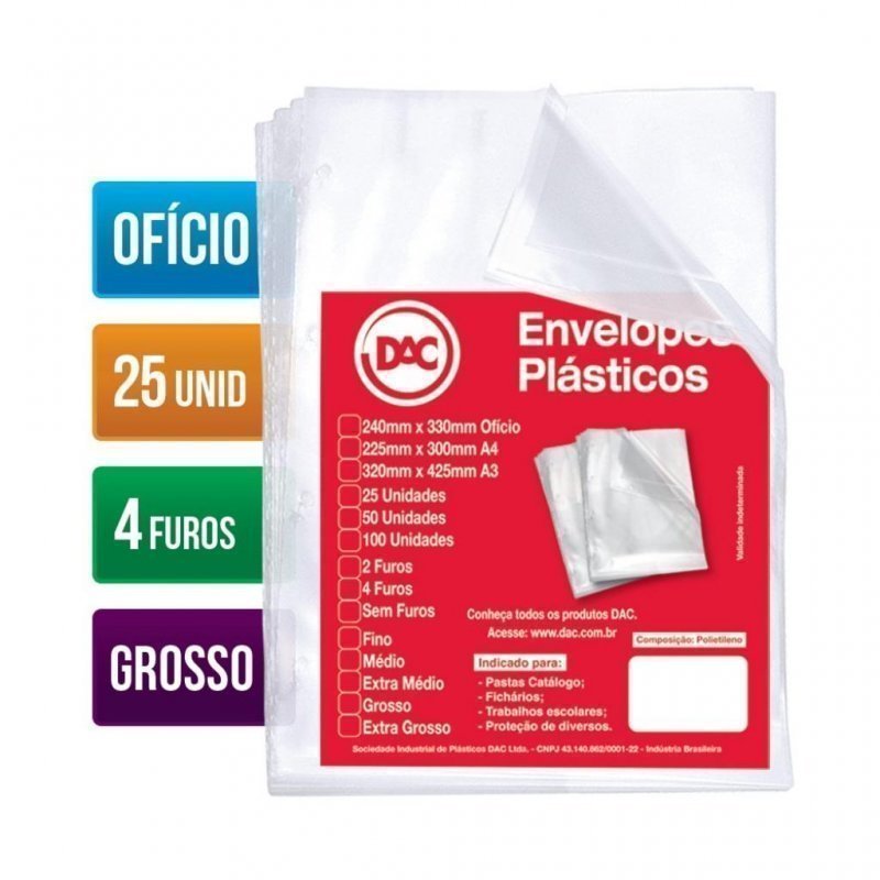 PLASTICO OFICIO GROSSO C/ 4 FUROS C/ 25 DAC Ellos Papelaria