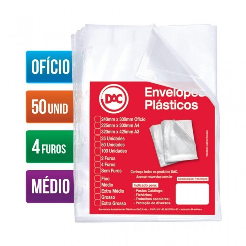 PLASTICO OFICIO MEDIO C/ 4 FUROS C/ 50 DAC Ellos Papelaria