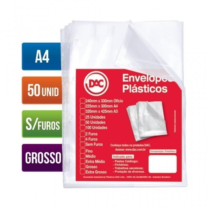 PLASTICO A4 GROSSO S/ FURO C/ 50 DAC Ellos Papelaria