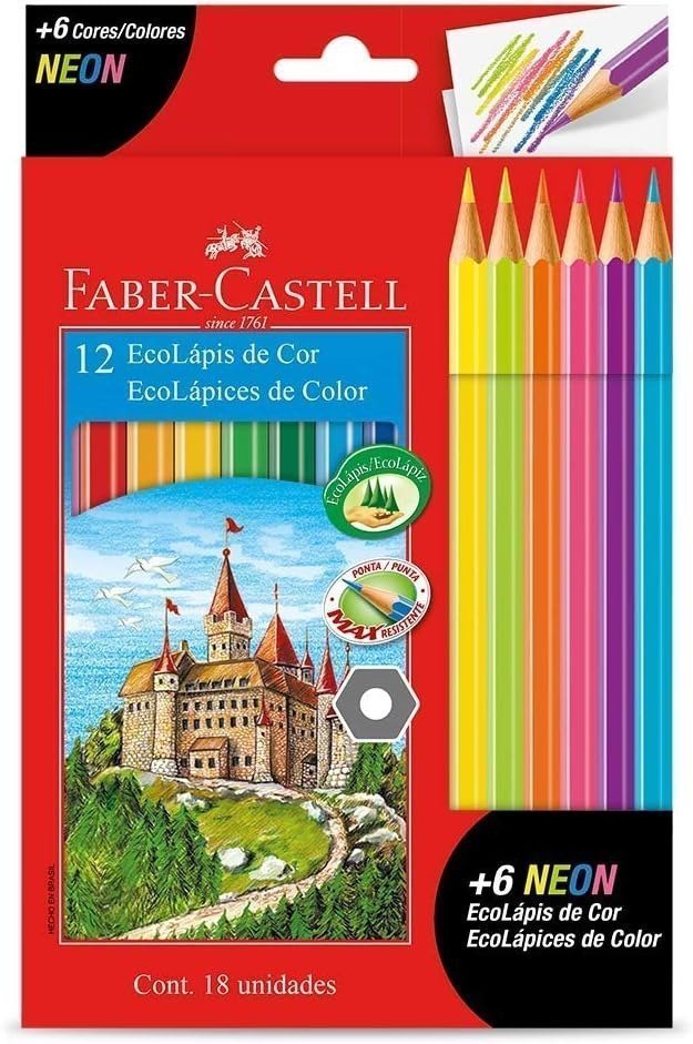 LAPIS DE COR 12 CORES + 6 CORES NEON FABER CASTELL Ellos Papelaria