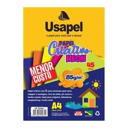 PAPEL CRIATIVO A4 85G 5COR NEON 45F 210X297 USAPEL Ellos Papelaria