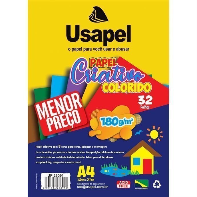 PAPEL CRIATIVO A4 180G 8 CORES 32F 210X297 USAPEL Ellos Papelaria