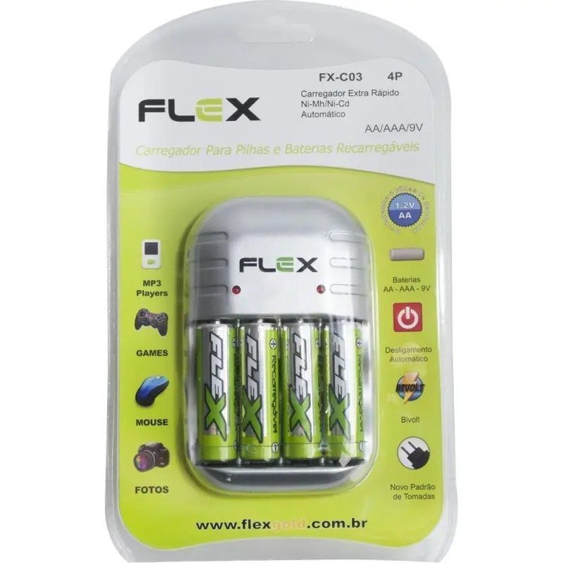 CARREGADOR PILHA BIVOLT P/4 AA/AAA/GV 2900MAH FLEX Ellos Papelaria